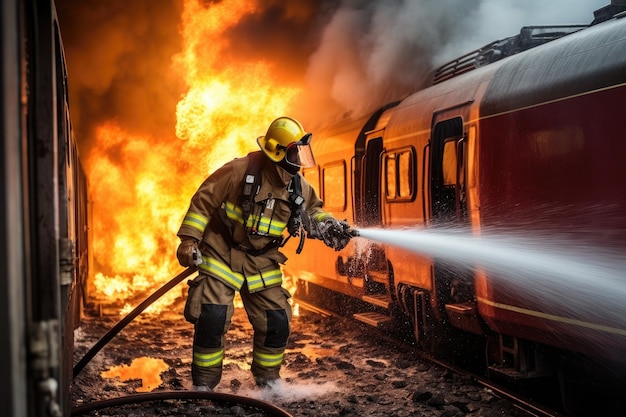 Brandweerman die vuur bestrijdt met een brandblusser en een brandende treinbrandweerman die water en brandblussen gebruikt om brandvlammen in een vliegtuigongeluk te bestrijden AI gegenereerd