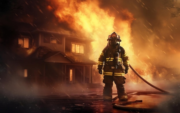 Brandweerman in actie in gevecht met een brandend huis Generatieve Ai