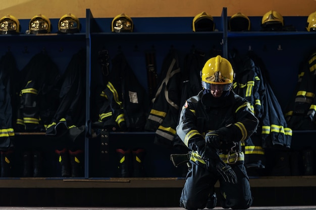 Brandweerman in beschermend uniform geknield en handschoenen op het hoofd aantrekken en zich voorbereiden op actie.