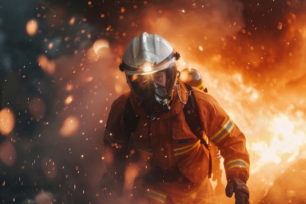 Brandweerman in gevaarlijke situatie te midden van rode vlammen Brandweeman in beschermend pak