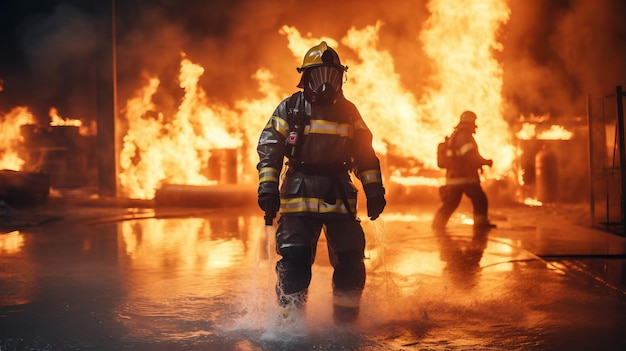 Brandweerman in vlammenopleiding