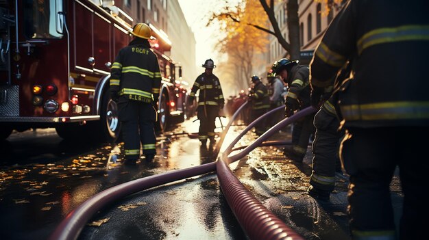 brandweerman met een tangle van brandslangen op de straat