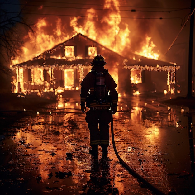 Brandweerman met volledige uitrusting staat voorbereid voor een woedende huisbrand