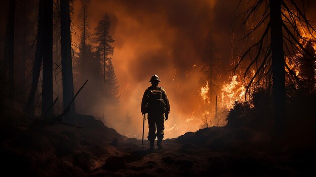 brandweerman op de achtergrond van een bosbrand uitzicht van de achterkant