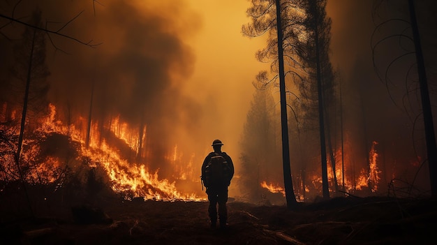 brandweerman op de achtergrond van een bosbrand uitzicht van de achterkant