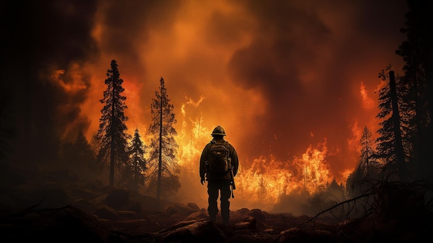 brandweerman op de achtergrond van een bosbrand uitzicht van de achterkant