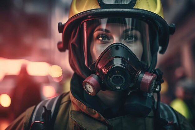 Brandweerman portret van dienst Foto van gelukkige brandweervrouw met gasmasker en helm in de buurt van brandweerwagen