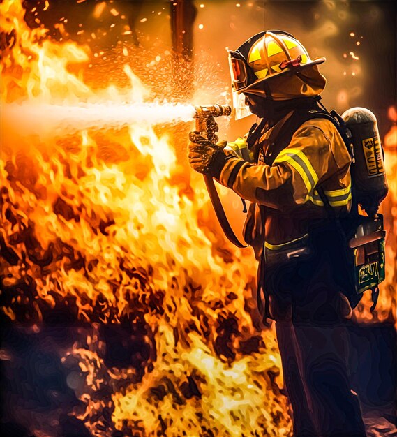 Brandweerman spuit water uit zijn slang