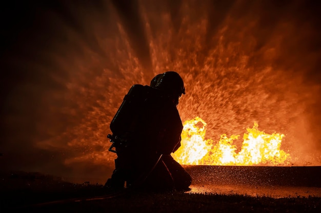 Brandweerman training brandweerman met behulp van water en brandblusser om te vechten met vuurvlam in een noodsituatie onder gevaarsituatie alle brandweerlieden dragen brandweerpak voor veiligheid