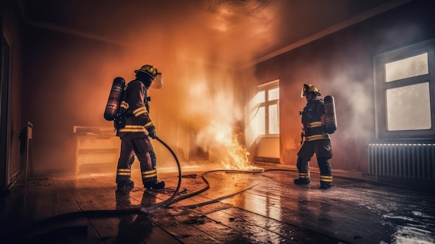 Brandweermannen blussen brand in een huis gemaakt met AI.