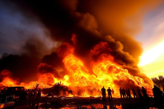 Brandweermannen blussen een enorme brand in een brandend huis. Industriële faciliteit redt mensen die vechten.