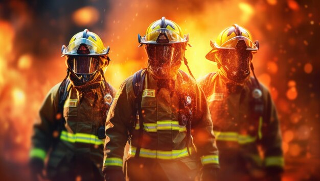 Brandweermannen die buiten werken Dappere helden die vlammen bestrijden Teamwerk en vaardigheid bij het blussen van gevaren Redding in brandende omstandigheden Veiligheid en dienstverlening