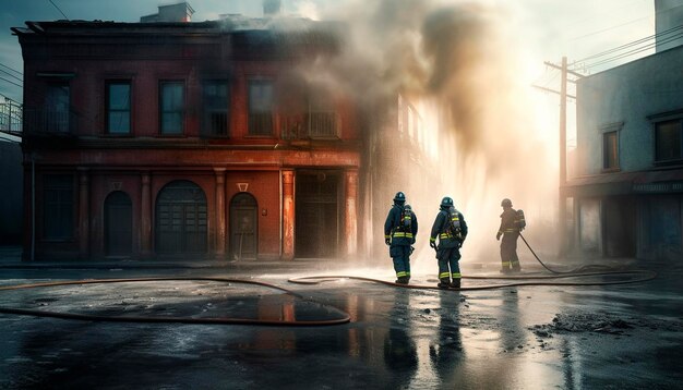 Foto brandweermannen in beschermende pakken die vlammen blussen met brandslangen buiten gegenereerd door kunstmatige intelligentie