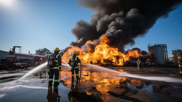 Brandweermannen oefenen het blussen van een industriële brand op het brandweerstation met de slang die het vuur bespuit op een opslagtank