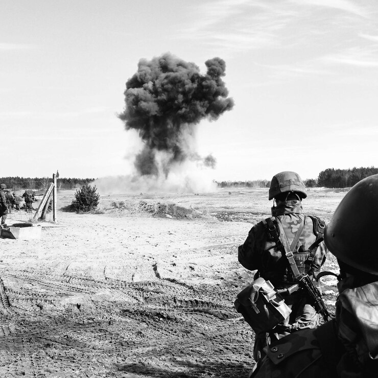 Foto brandweermannen op het veld tegen rook die van het land afkomt