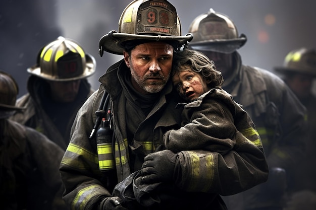 Foto brandweermannen redden kinderen en volwassenen uit een ingestorte