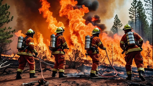 Brandweermannen staan voor een brand