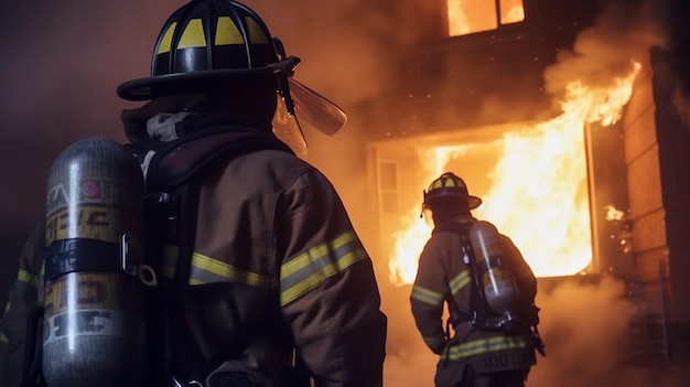 Brandweermannen vechten tegen een huisbrand in het blok.