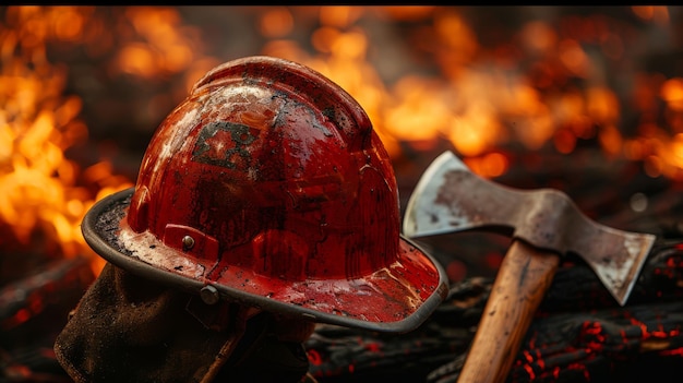 Brandweermannenhelm en bijl tegen een achtergrond van vlammen