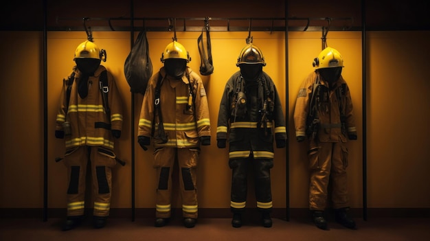 Brandweermannenkleding hangt aan haakjes Veiligheidspak voor brandweermannen
