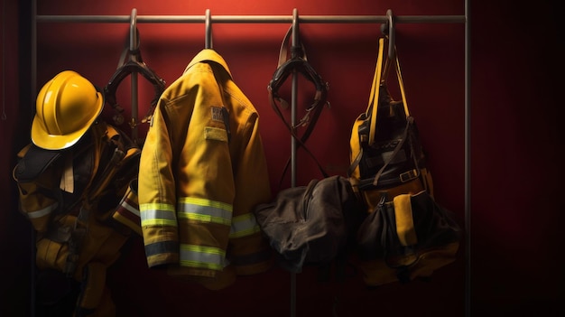Brandweermannenkleding hangt aan haakjes Veiligheidspak voor brandweermannen