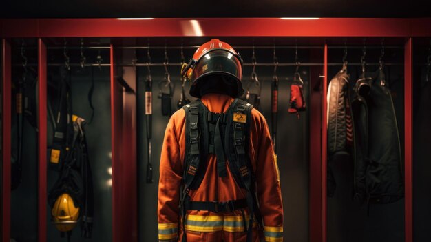 Brandweermannenkleding hangt aan haakjes Veiligheidspak voor brandweermannen