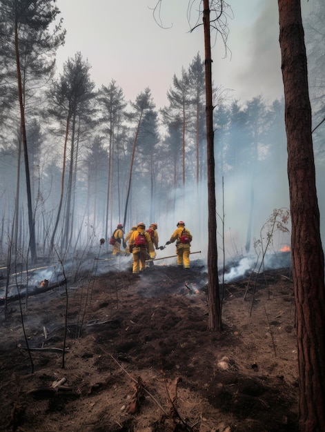 Brandweerploeg in het met rook bedekte bos Dappere brandweerlieden die het wildvuur blussen Generatieve AI