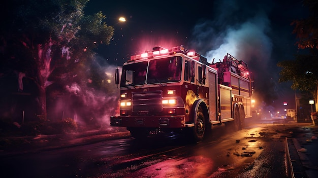 Brandweerwagen in actie die 's nachts door het brandende bos en de stad rijdt met misteffect