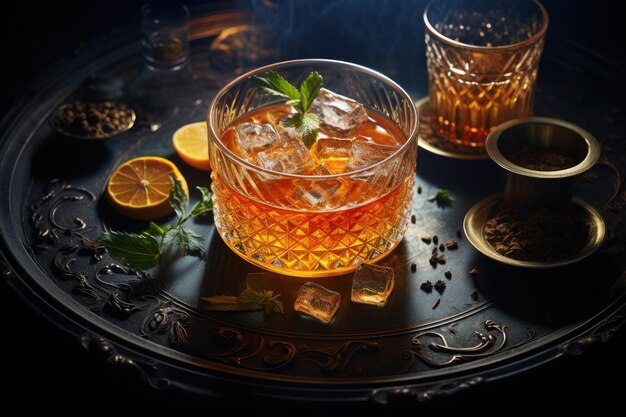 Brandy and whiskey alcoholic beverage serving nightlife entertainment relaxation