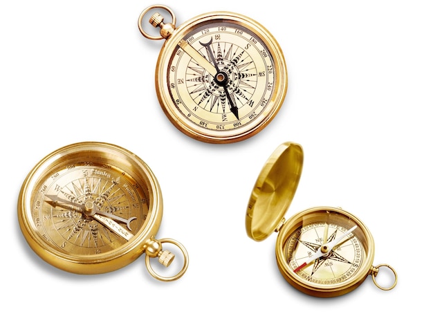 Brass antique compass  on background