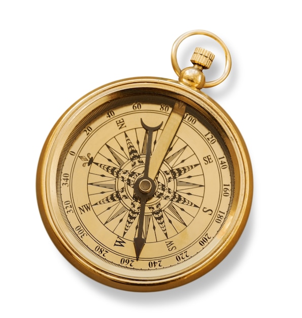 Brass antique compass  on background