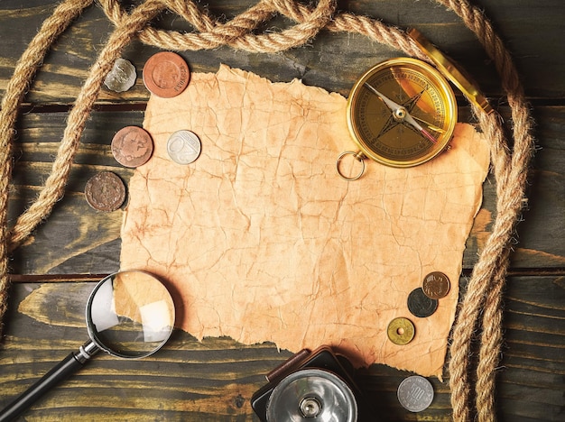 Brass antique compass on wooden background