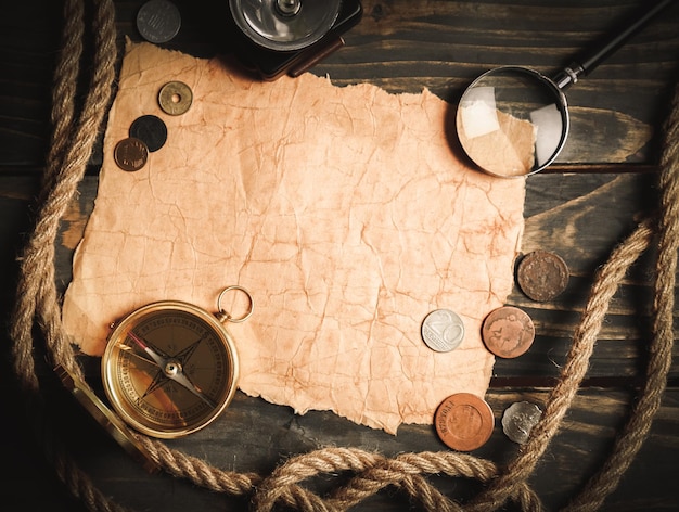 Brass antique compass on wooden background