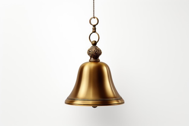 Brass Bell Hanging From Chain giving it the ability to swing and chime when touched The bell reflects light The chain dangles from above allowing the bell to move freely