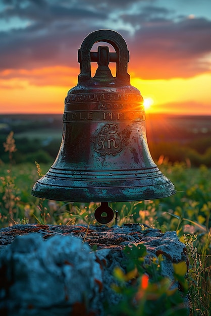 Photo brass church bell silhouetted against the sunset the bell merges with the dusk