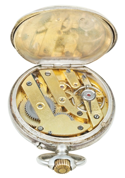 Brass clockwork of retro silver pocket watch