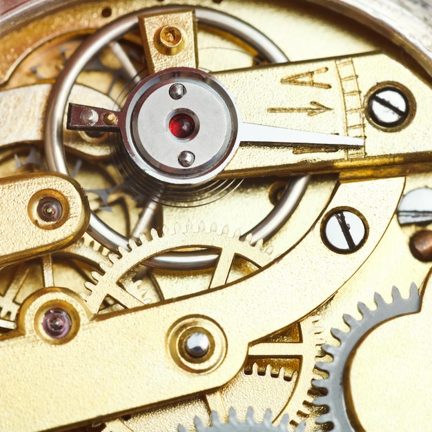 Brass mechanical clockwork of retro watch