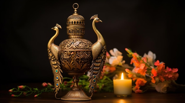 Brass peacock oillit lamp with flowers aside such