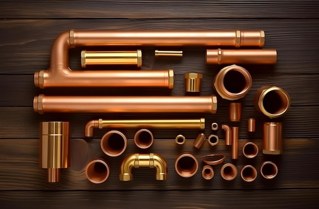 brass pipe copper pipe copper piping fittings on wooden background