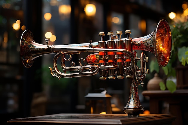 Brass Trumpet With Red Knobs on Table