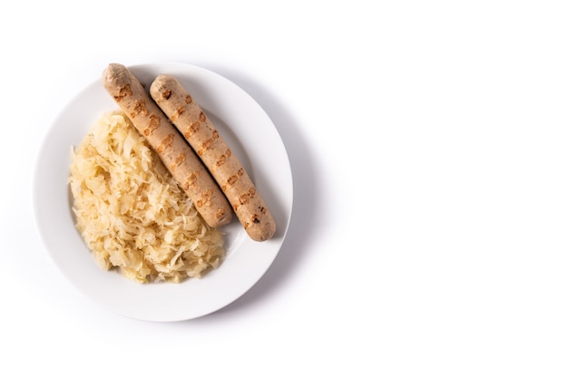 Bratwurst sausage and sauerkraut isolated on white background. typical german food