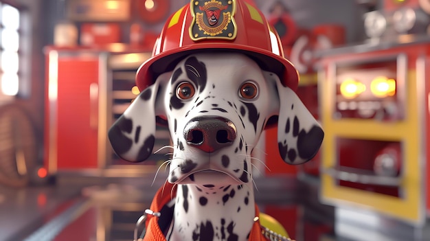 Смелый и очаровательный далматинский пожарный готов спасти день, он носит красный пожарный шлем и решительное выражение лица.