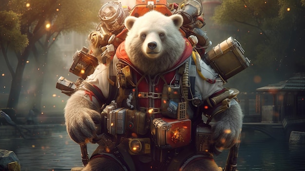 A brave bear with a backpack full of gadgets AI generated