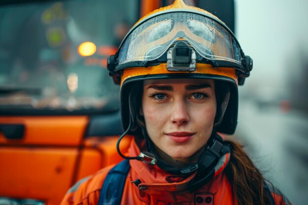 Photo brave and beautiful female firefighter poses in uniform by fire truck