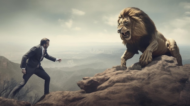 Photo a brave businessman facing a big lion generative ai aig18