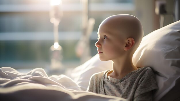 Photo brave child with cancer in hospital