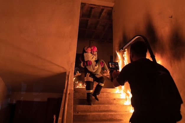 Brave Civilian carrying baby and pet animal cat or dog in box or bag, descends Stairs of a Burning Building. Open fire and one Firefighter in the Background. High quality photo