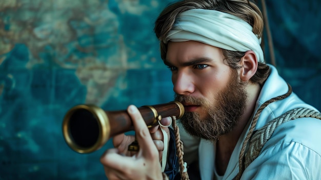 Foto un esploratore coraggioso e sicuro con un telescopio in mano sta cercando nuove terre da scoprire indossa una camicia bianca e un turbante bianco