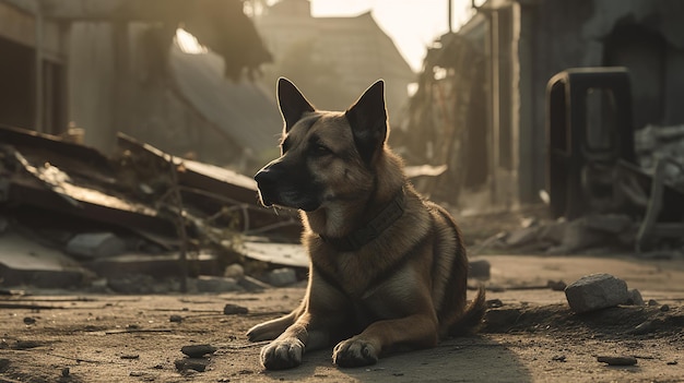 A brave dog stands tall amidst the destruction of a war zone Generative AI