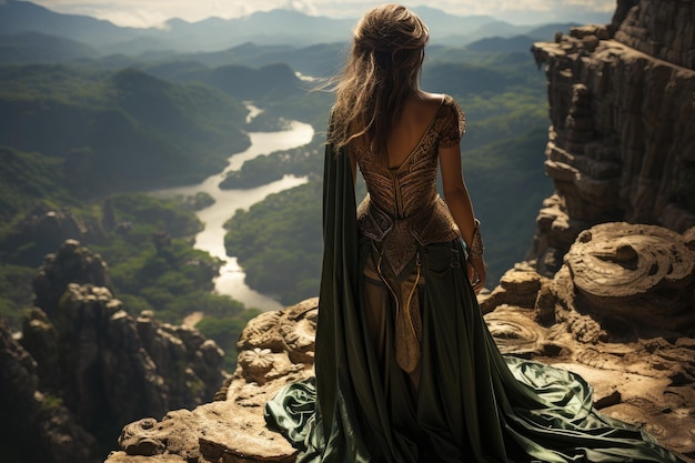 A brave elfin warrior woman standing at the edge of a cliff Generative AI